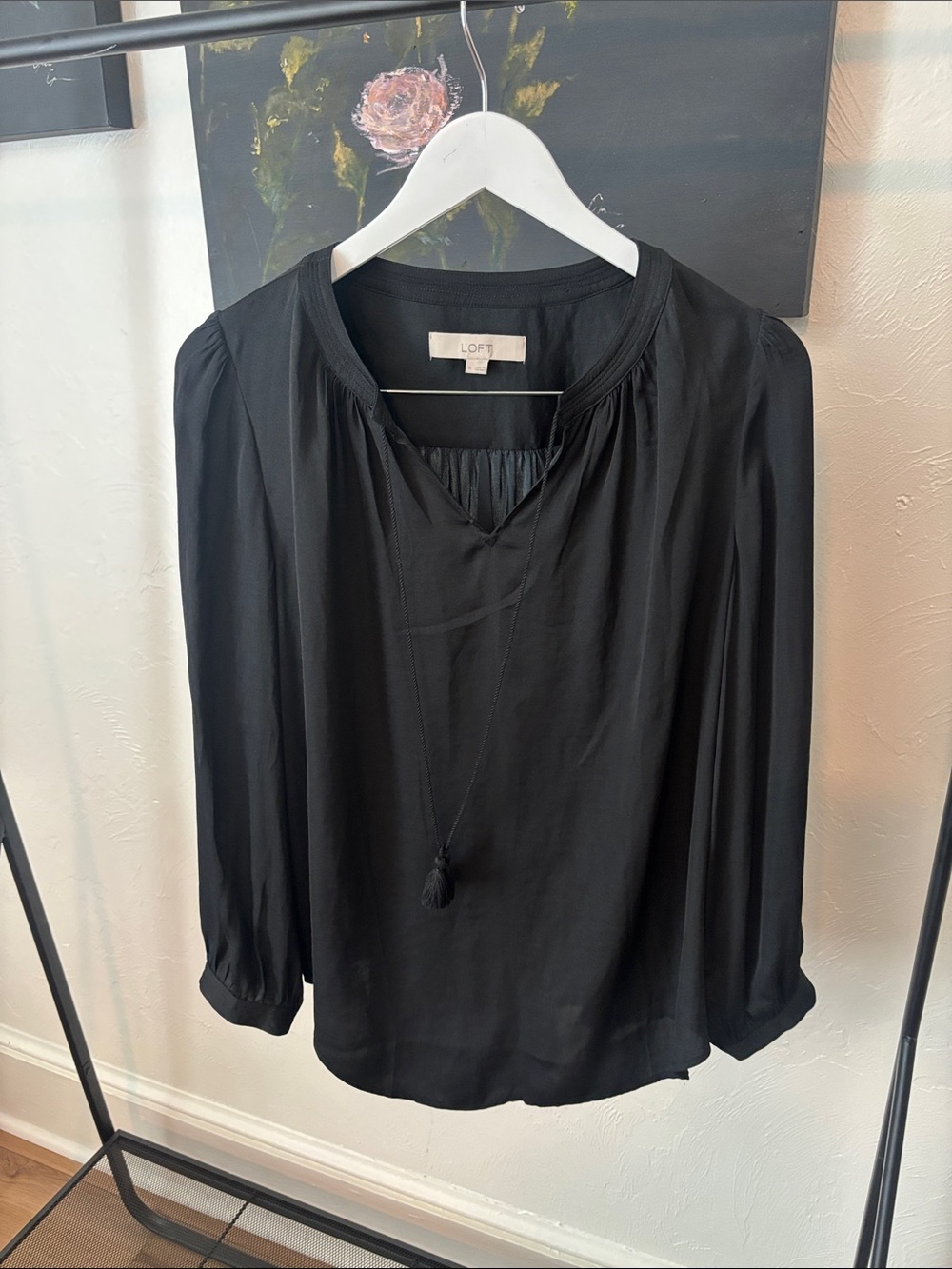 LOFT Black Long-Sleeve V-Neck Tassel Blouse